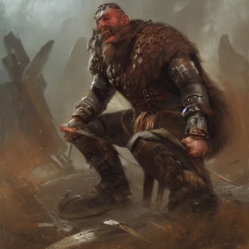 Image similar to Scandinavian berserker on his knees, painting by Diego Gisbert Llorens