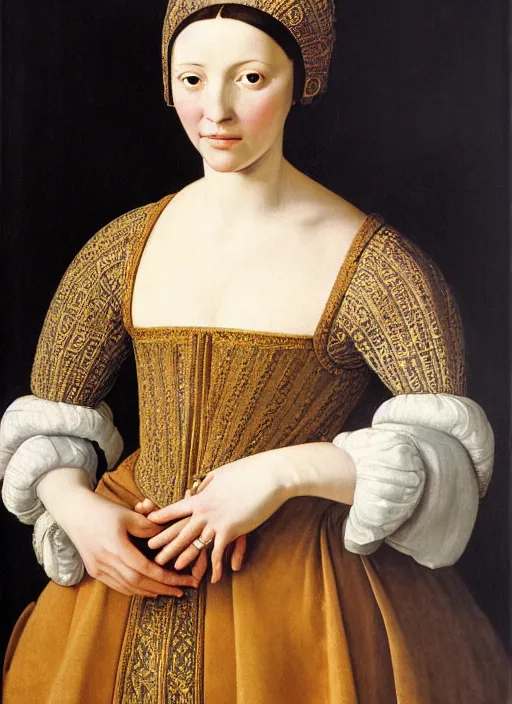 Image similar to portrait of young woman in renaissance dress and hennin, art by petrus christus,