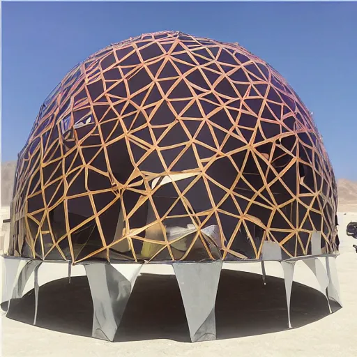 Prompt: epic geometric cat shaped canvas dome stage installation burning man playa