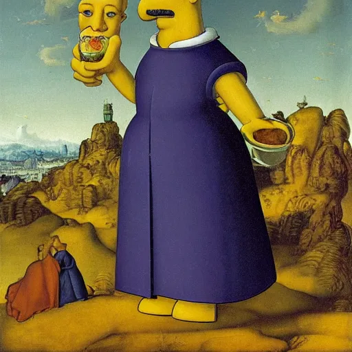 Prompt: vividly colorful oil painting portrait of Homer Simpson wearing aristocratic dress in the style of Cranach the Younger