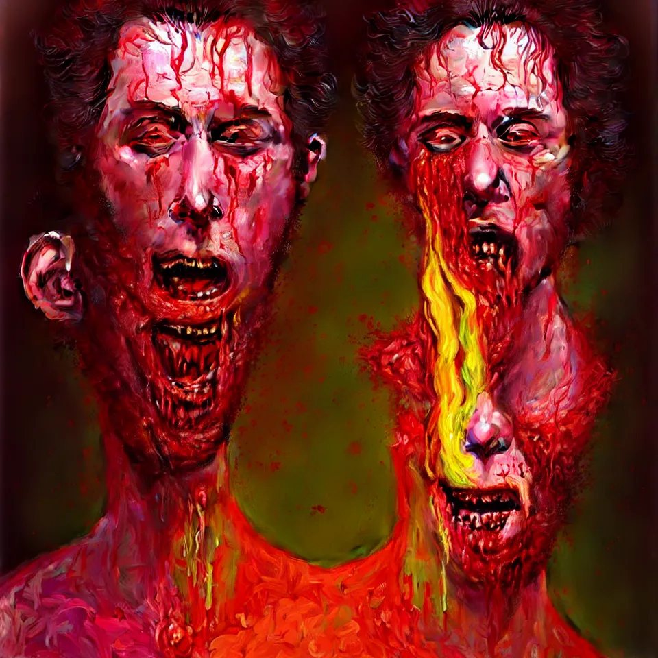 Image similar to bright psychedelic charlie kaufman eating rotten flesh, crying tears of blood and puking, diffuse lighting, fantasy, intricate, elegant, highly detailed, lifelike, photorealistic, digital painting, artstation, illustration, concept art, smooth, sharp focus, art by francis bacon