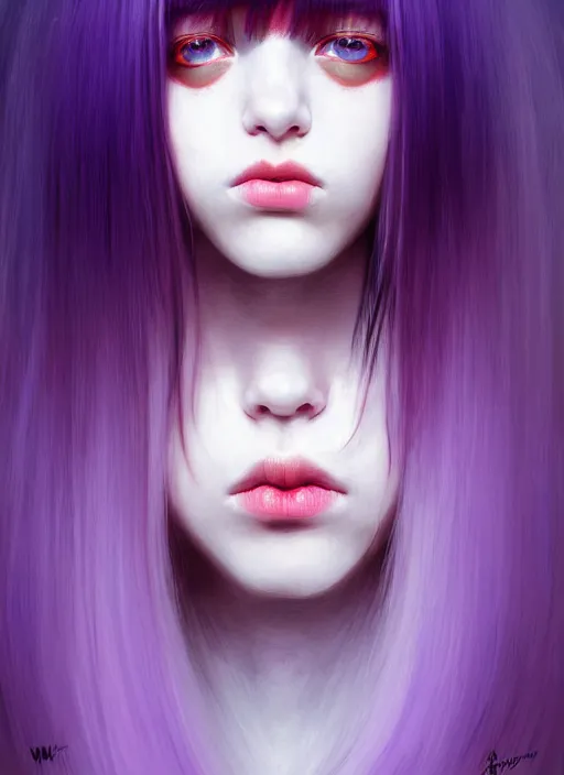 Image similar to hair whitebangs hair, black hair, blackbangswhitehair, portrait of teenage girl with white bangs, red irises, purple clothes, white bangs, bangs are different color from hair, intricate, elegant, glowing lights, highly detailed, digital painting, artstation, concept art, sharp focus, illustration, art by wlop, mars ravelo and greg rutkowski