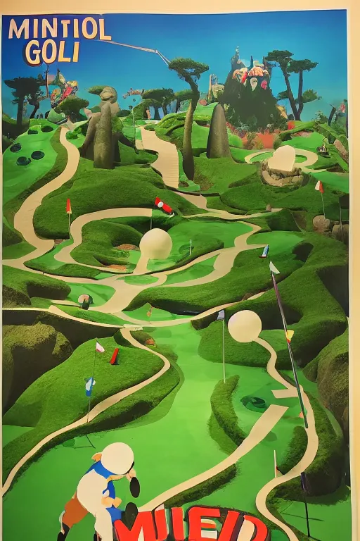 Image similar to poster for mini golf course in a museum, miyazaki movie