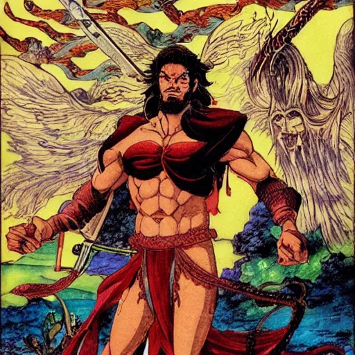 Image similar to eclectic, romantic by dave gibbons, by masaaki sasamoto. a art installation of hercules after he has completed one of his twelve labors, the killing of the hydra. he is standing over the dead hydra, covered in blood clutching a sword that slew the beast. his face is expressionless.