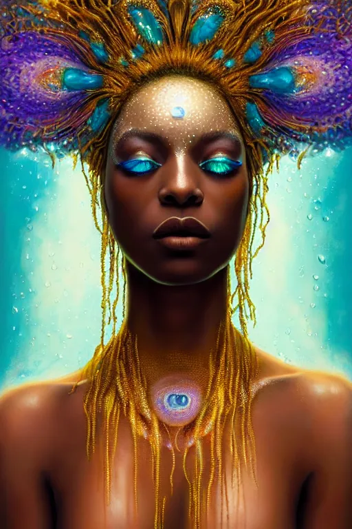 Prompt: hyperrealistic neo - symbolist cinematic very beautiful! oshun goddess with white eyes, yoruba body paint, dripping droplet armor, gold flowers, highly detailed digital art masterpiece, smooth etienne sandorfi eric zener dramatic pearlescent soft teal light, ground angle uhd 8 k, sharp focus