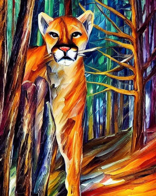 Prompt: cougar in forest at night, shot from drone, grainy, artwork by leonid afremov