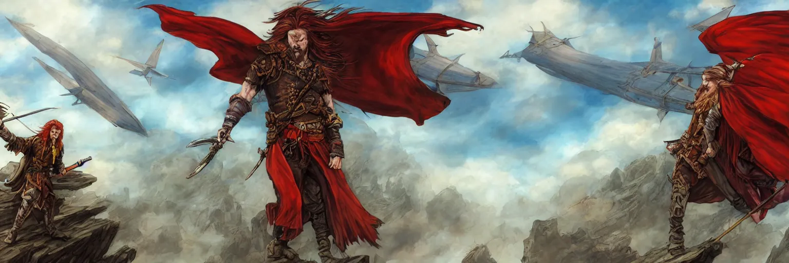 Image similar to colored pencils an epic fantasy comic book style painting of a long haired, red headed male sky - pirate in front of an airship, fine details, concept design, contrast, kim jung gi, pixar and da vinci, trending on artstation, 8 k, ultra wide angle