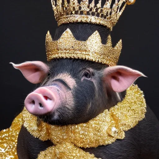 Prompt: pig wearing a simple gold crown in the style of Bruno Mangyoku