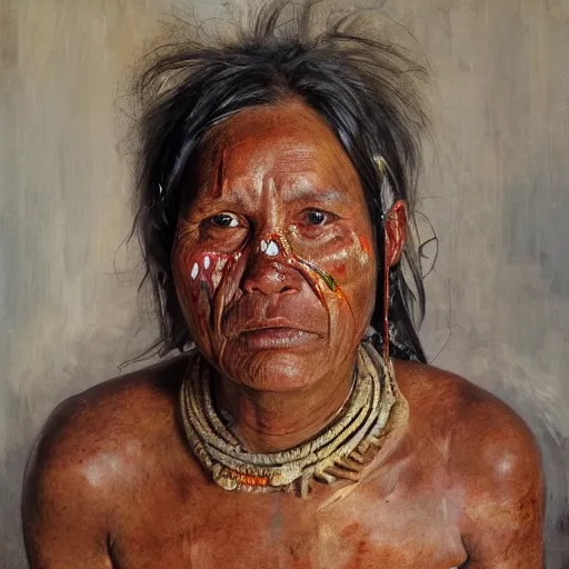 Prompt: high quality high detail painting by jenny saville, hd, full body of a indigenous tribe leader, photorealistic lighting