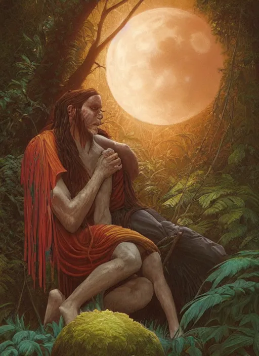 Prompt: a shaman lovingly holding the shoulder of another shaman in the jungle while starring at the moon, beautiful colors, art by christophe vacher