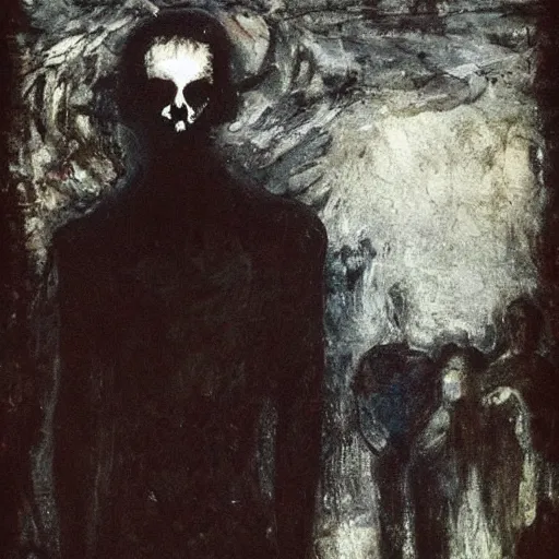 Prompt: by george luks, by vytautas kairiukstis formicapunk, myspace. a beautiful collage of a small figure standing in the center of a dark, foreboding landscape. the figure is surrounded by strange, monstrous creatures, & there is a feeling of unease & dread.