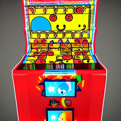 Prompt: pac - man game cabinet in the style of anime, over head view, pac - man colors. anime characters, ghosts, dots