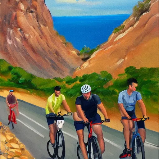 Image similar to 3 friends on professional road bycycles riding in the mountains of Mallorca, sea in the background, oil painting, 4k