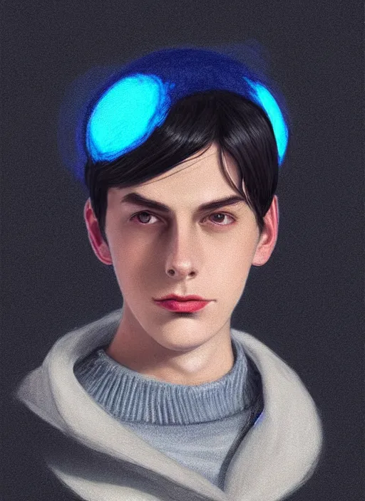 Image similar to portrait of teenage jughead jones wearing a light grey crown, crown, blue turtleneck, 1 9 5 0 s, closed eyes, photorealistic, black hair, glowing lighting, intricate, elegant, glowing lights, highly detailed, digital painting, artstation, concept art, smooth, sharp focus, illustration, art by wlop, mars ravelo and greg rutkowski