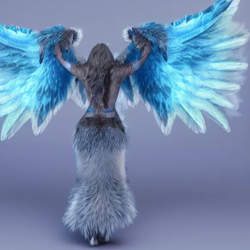Prompt: 3 d render, well toned, large, female anthropomorphic wolf with wings, blue fur and scales with white spots and wings on her back, icey blue dress,.