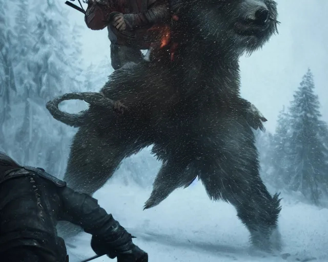 Prompt: 5 5 mm portrait photo of geralt fighting a demonic bear. magical atmosphere. art by greg rutkowski. highly detailed 8 k. intricate. lifelike. soft light. nikon d 8 5 0.