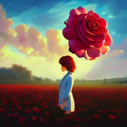 Image similar to closeup, giant rose flower as a head, frontal, a girl in a suit, surreal photography, sunrise, blue sky, dramatic light, impressionist painting, digital painting, artstation, simon stalenhag