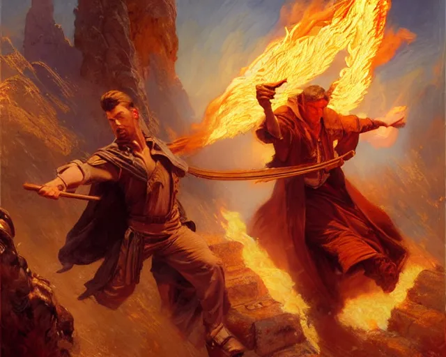 Image similar to attractive male wizard casting powerful fire spell. highly detailed painting by gaston bussiere, craig mullins, j. c. leyendecker 8 k