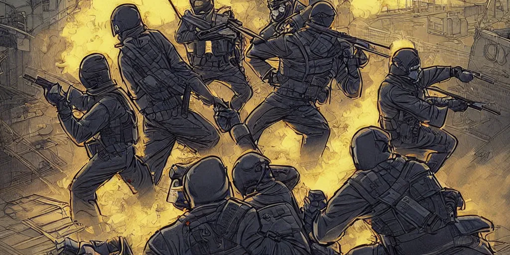 Image similar to Milwaukee cops vs. Ninjas. Epic painting by James Gurney and Laurie Greasley.