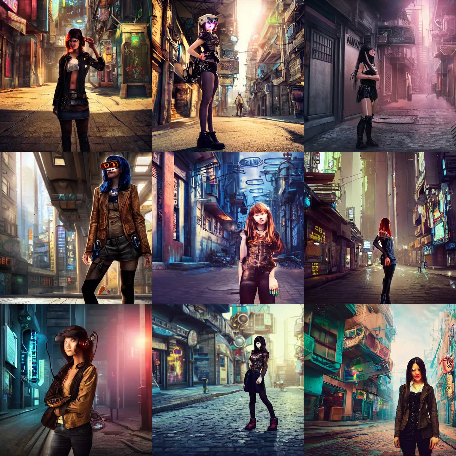 Prompt: photoreal portrait of curious cyberpunk girl standing in steampunk city street looking at camera.