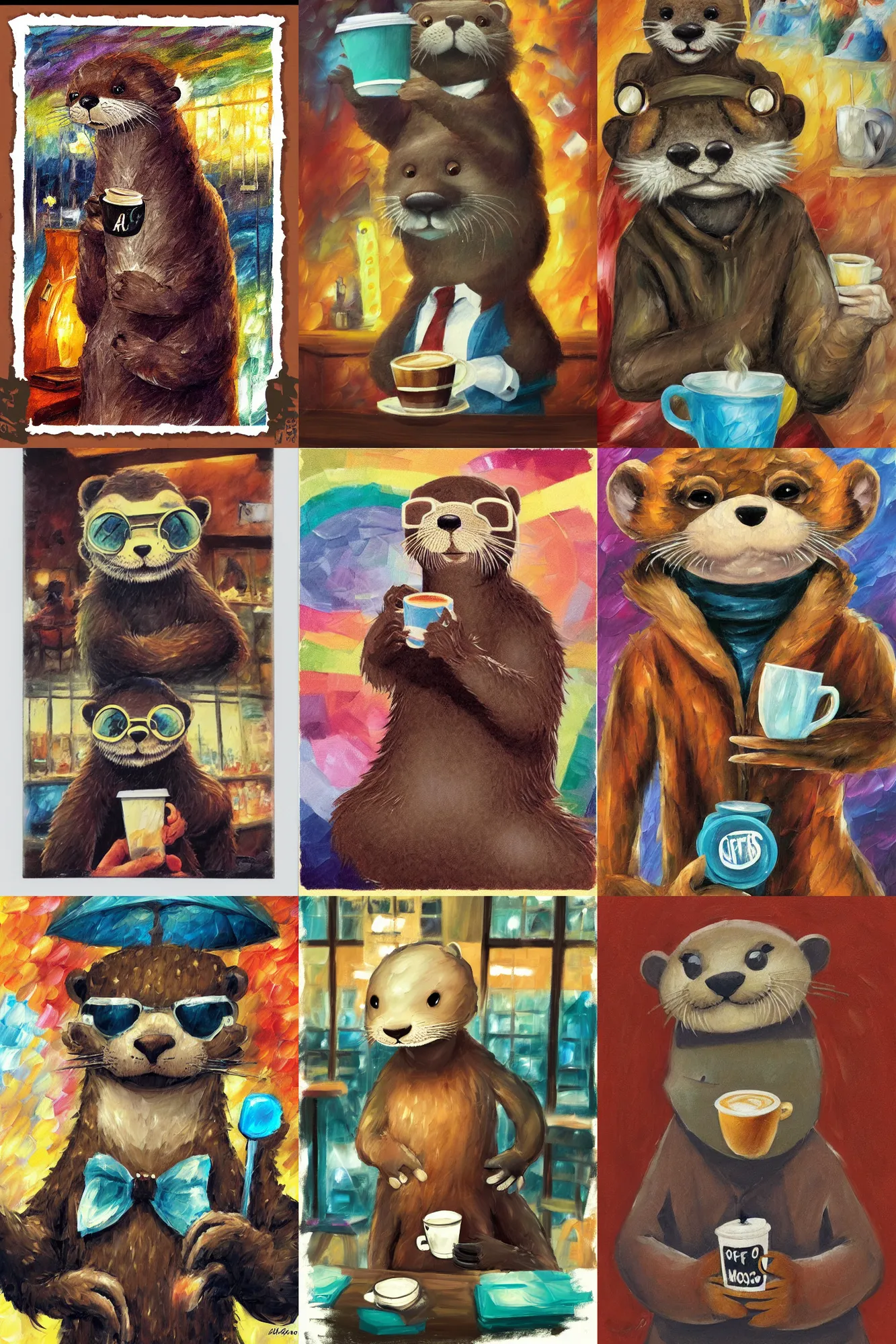 Prompt: anthropomorphic furry otter wearing cool clothes in a coffee shop, trending on art station, furaffinity, leonid afremov, petros afshar, polaroid, expired film