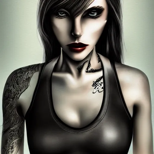 Prompt: Hot young woman, winking, grey skinned, void eyeballs, white hair, tattoos, wearing leather jacket and wifebeater tank top, digital art, concept art, ultra detailed, 4k,