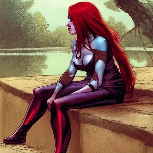Prompt: a beautiful comic book illustration of a vampire woman with long red hair sitting near a lake by Jerome Opeña, featured on artstation