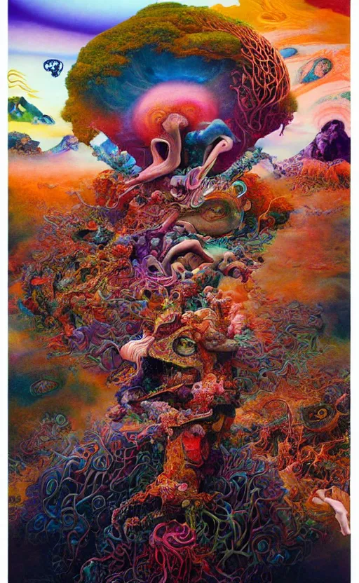 Image similar to ultrawide angle colour masterpiece surreal closeup portrait photography of hindu god creatures by miho hirano and annie leibovitz and michael cheval, weird surreal epic psychedelic complex biomorphic 3 d fractal landscape in background by kilian eng and roger dean and salvador dali and beksinski, 8 k