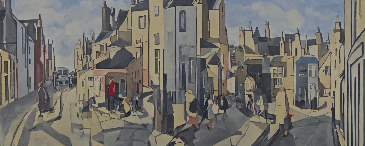 Prompt: a painting of street life in kirkwall orkney, by Bridget Riley