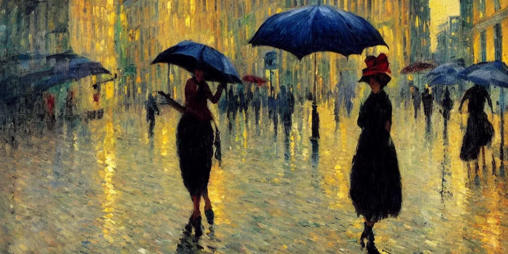 Image similar to evening city scene with young woman with umbrella. beautiful use of light and shadow to create a sense of depth and movement. neo - impressionism, using energetic brushwork and a limited color palette, providing a distinctive look and expressive quality in a rhythmic composition