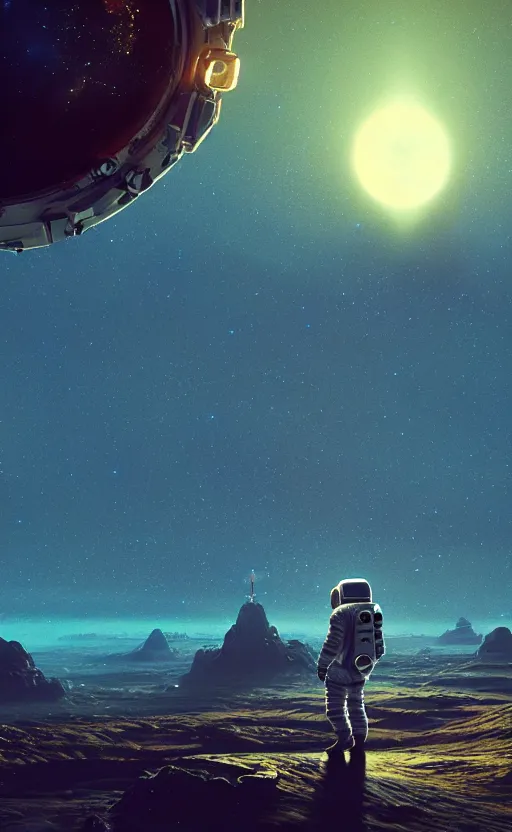 Image similar to A astronaut gazing upon an amazing alien landscape, digital art, breathtaking, golden ratio, extremely detailed, establishing shot, hyperrealistic, cinematic lighting, particles, unreal engine, simon stålenhag, rendered by Beeple, Makoto Shinkai, syd meade, simon stålenhag, Ruan Jia, Kentaro Miura, environment concept, artstation, octane render, 8K UHD image