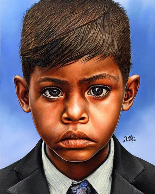 Prompt: portrait of a 7 year old child gang leader, gritty, looking serious, wearing a suit and a tie, very detailed eyes, hyperrealistic, beautiful, very detailed painting by Glenn Fabry, by Joao Ruas, by Artgerm