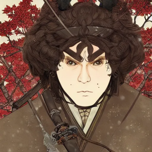 Image similar to detailed portrait of hagrid samurai with swords and steampunk rifles, in snow forest sakura cherry blossom, hakama kimono, trending on artstation elite, elegant, luxury, by krenz cushart, junji ito, takato yamamoto, perfect face, fine details, realistic shaded, fine - face, pretty face