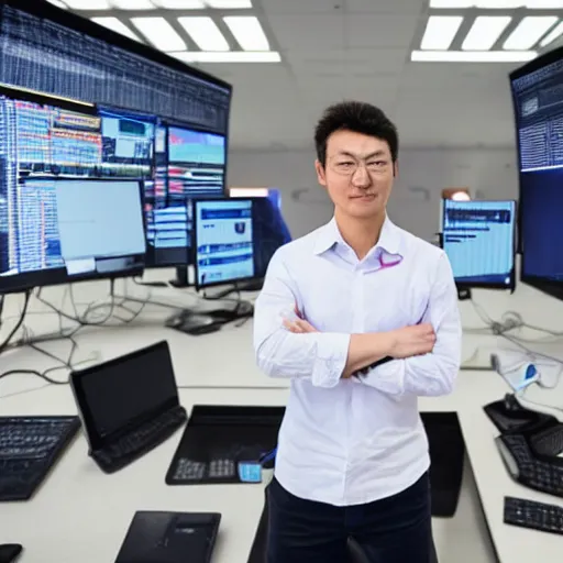 Prompt: UHD hyperrealistic photorealistic detailed image of Naoki Yoshida standing in an office, leading on programmers, coders and animators to finish A Realm Reborn in time