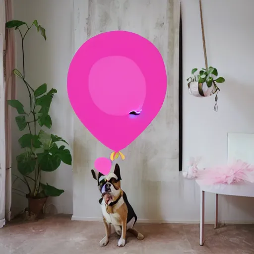 Image similar to pink balloon art of dog in pink room