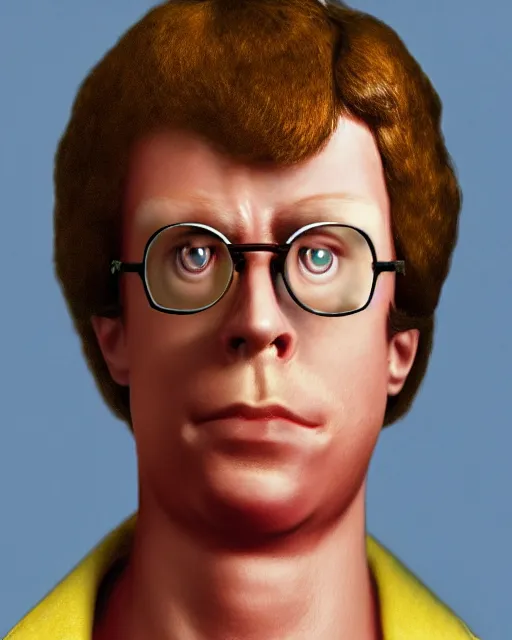 Image similar to character portrait of napoleon dynamite with the body of arnold schwarzenegger, 8 k, ultra realistic, photorealistic, fine details