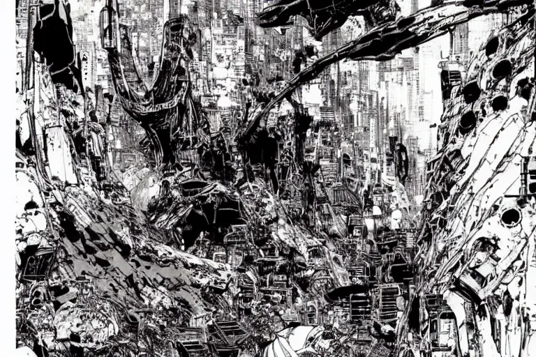 Prompt: remnants of the human civilization in post - apocalyspe, a color illustration by tsutomu nihei, tetsuo hara and katsuhiro otomo