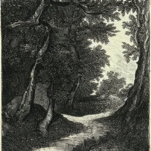 Prompt: a path in the woods, trees, rocks, mysterious, engraving, old book, etching