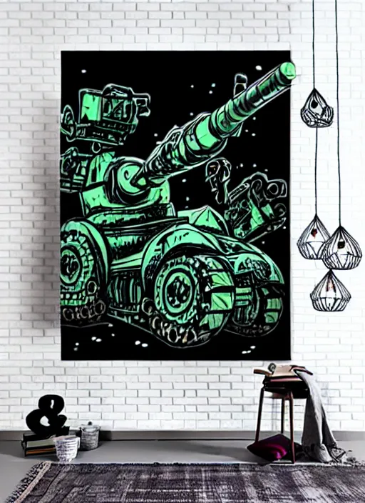 Image similar to beautiful graffiti monsters with a tank turret for arm and black frame door in side on black background paper