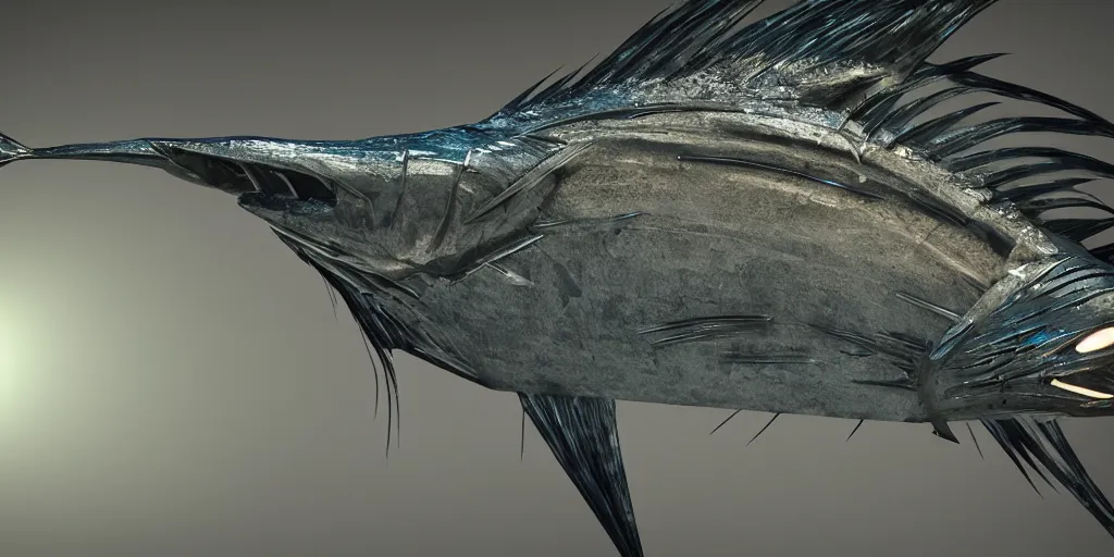 Image similar to sailfish, stylized layered textures, long flowing fins, bioluminescent orbs, 3 d render, substance painter, glowing eye, smooth, sharp focus, art by h r giger