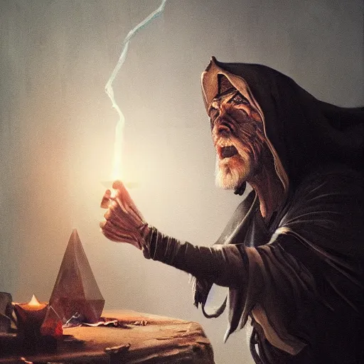 Image similar to a ominous illustration of a dark wizard casting a spell, alchemist lab, painting oil on canvas by moebius, octane render, trending on artstation, 8k,