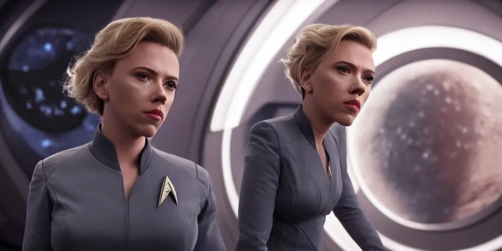 Prompt: Scarlett Johansson is captain of the starship Enterprise in the new Star Trek movie