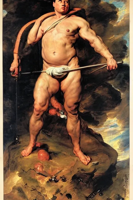 Prompt: portrait of a young muscular Elon Musk by peter Paul rubens and Norman Rockwell, big beefy chunky strong build