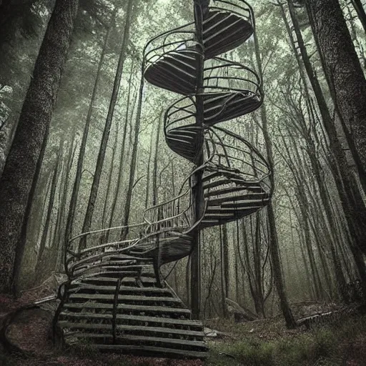 Image similar to creepy spiral stairway in middle of forest, spiral stairs leading to nowhere!, dark foggy misty colors!, dark forest from evil realm