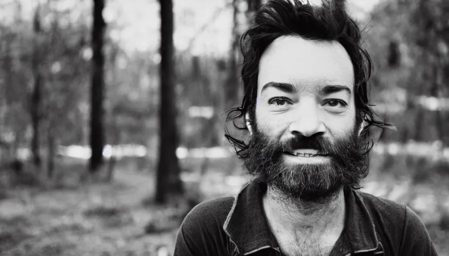 Image similar to far view, extremely skinny malnourished jimmy fallon with long beard, wearing dirty overalls, dirty greasy face, grin, portrait, close up, kodak gold 2 0 0, 5 0 mm,