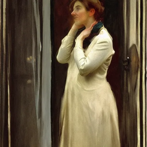 Image similar to a woman standing in front of a window, looking out at the rain, painting by John Singer Sargent