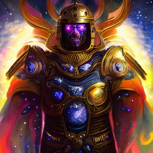 Image similar to photorealistic fantasy cosmic concept art of a cosmic god with armor made out of planets and dark matter, hovering in a unknown galaxy, fully body portrait, cinematic, dynamic lighting, ultra detailed, creative, trending on art station, creative