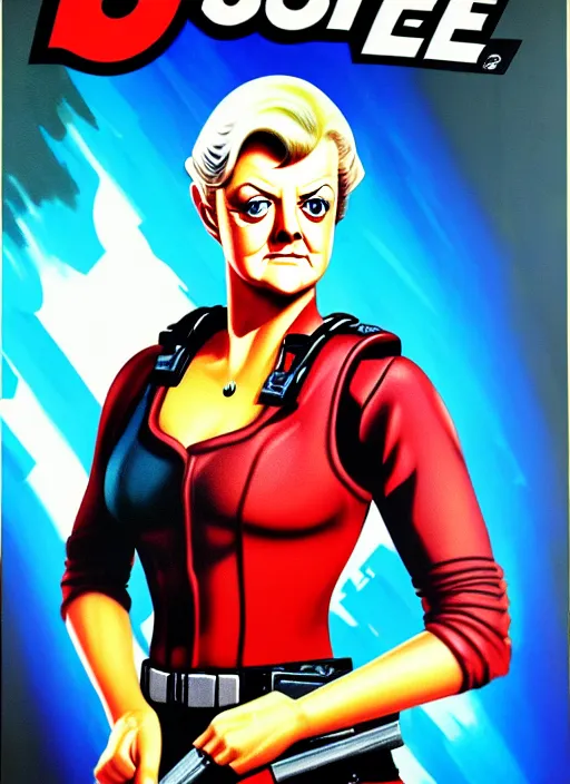 Image similar to g. i. joe portrait painting of angela lansbury, hasbro box art, 1 9 8 8, hq scan