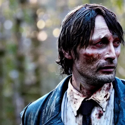 Prompt: mads mikkelson plays a zombie on the walking dead, cinematic lighting unsettling-n 9