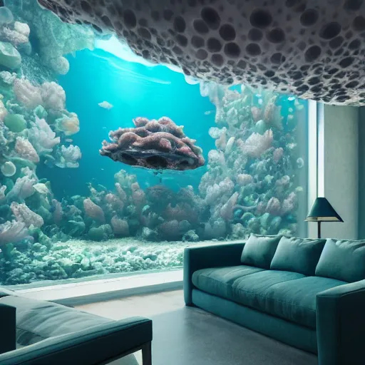 Prompt: photo of the modern fashionable room as aquarium with a chandelier as a big jellyfish, beautiful corals on the walls and dangerous sharks outside, big panoramic window, realism, sharp details, cinematic, under the ocean, realistic colors, realistic shadows, daylight by beeple and by greg rutkowski